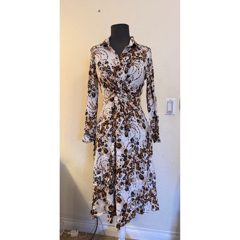 Free People Floral Twist Front Midi Dress Long Sleeve Collared Button Down